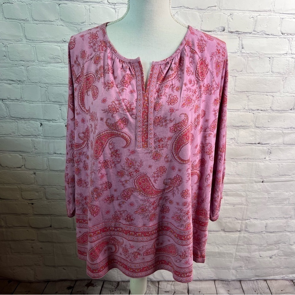 Pure Jill Split Neck Paisley Boho Top Large